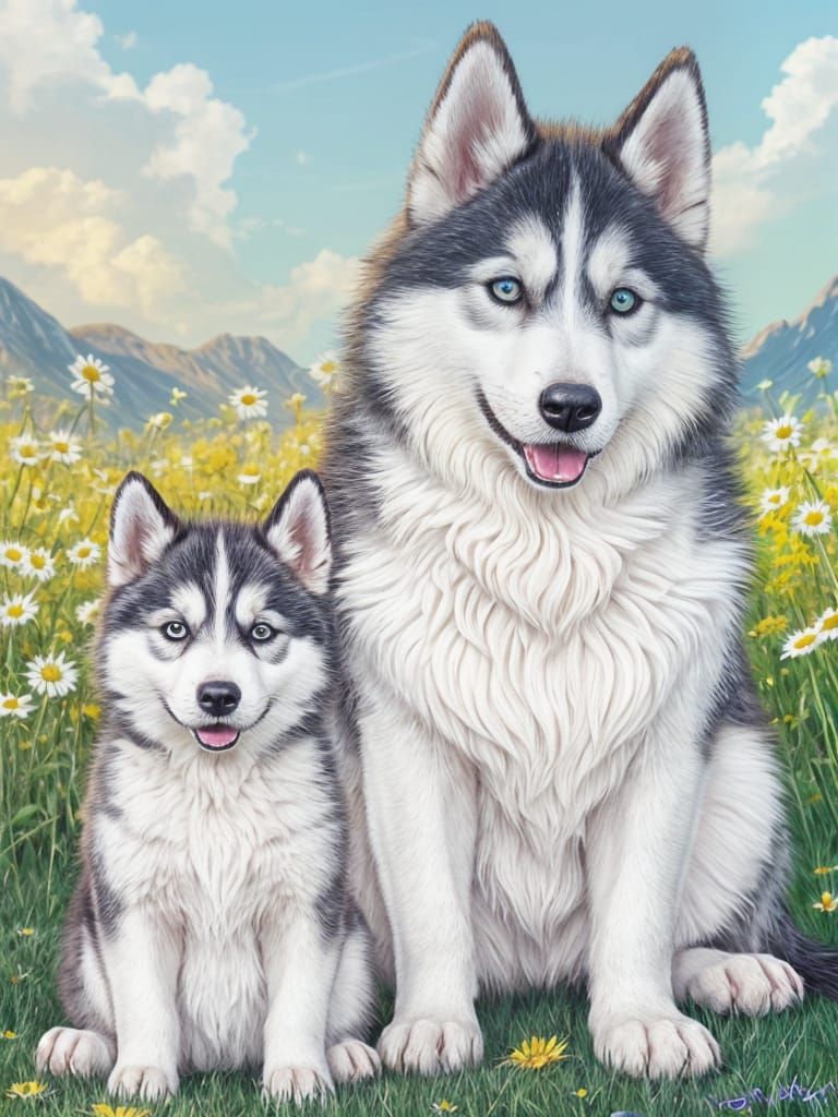 Daisy Field with Husky Mother and Puppy