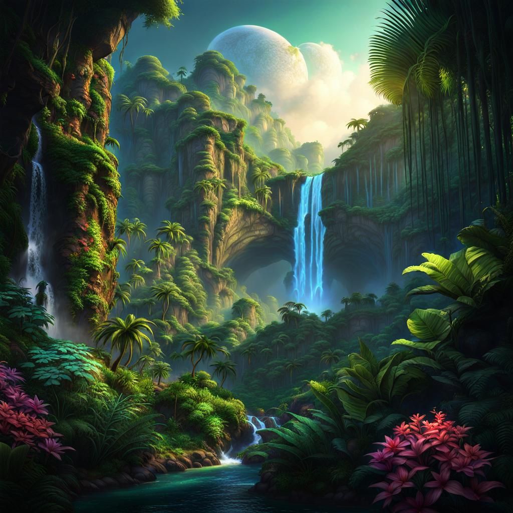 Majestic Jungle Landscape with Waterfalls and Starry Sky