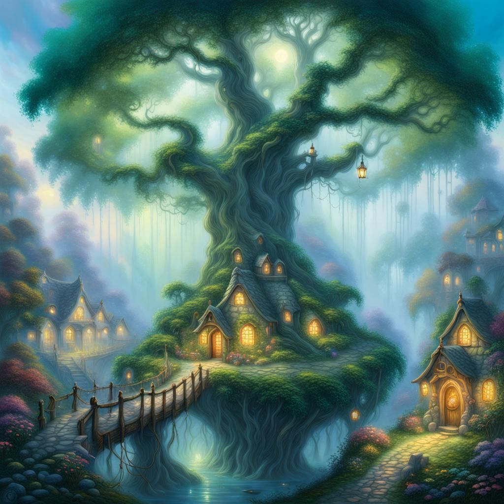 Ethereal Fairy Village on Glowing Tree