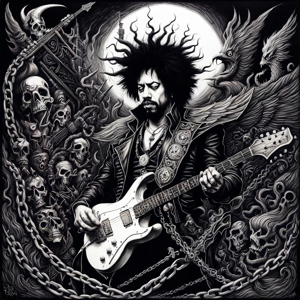 Jimi Hendrix Dark Fantasy Charcoal Drawing