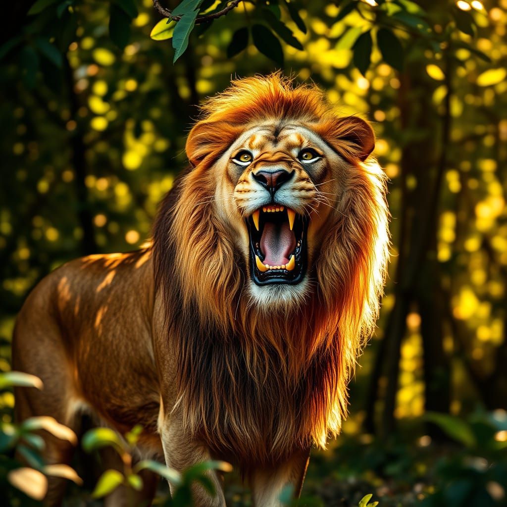 Majestic Lion Roars in Forest Glade