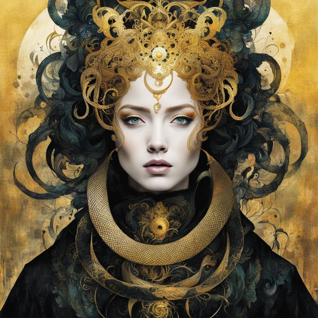 Golden Serpent in Ink and Watercolour Collage