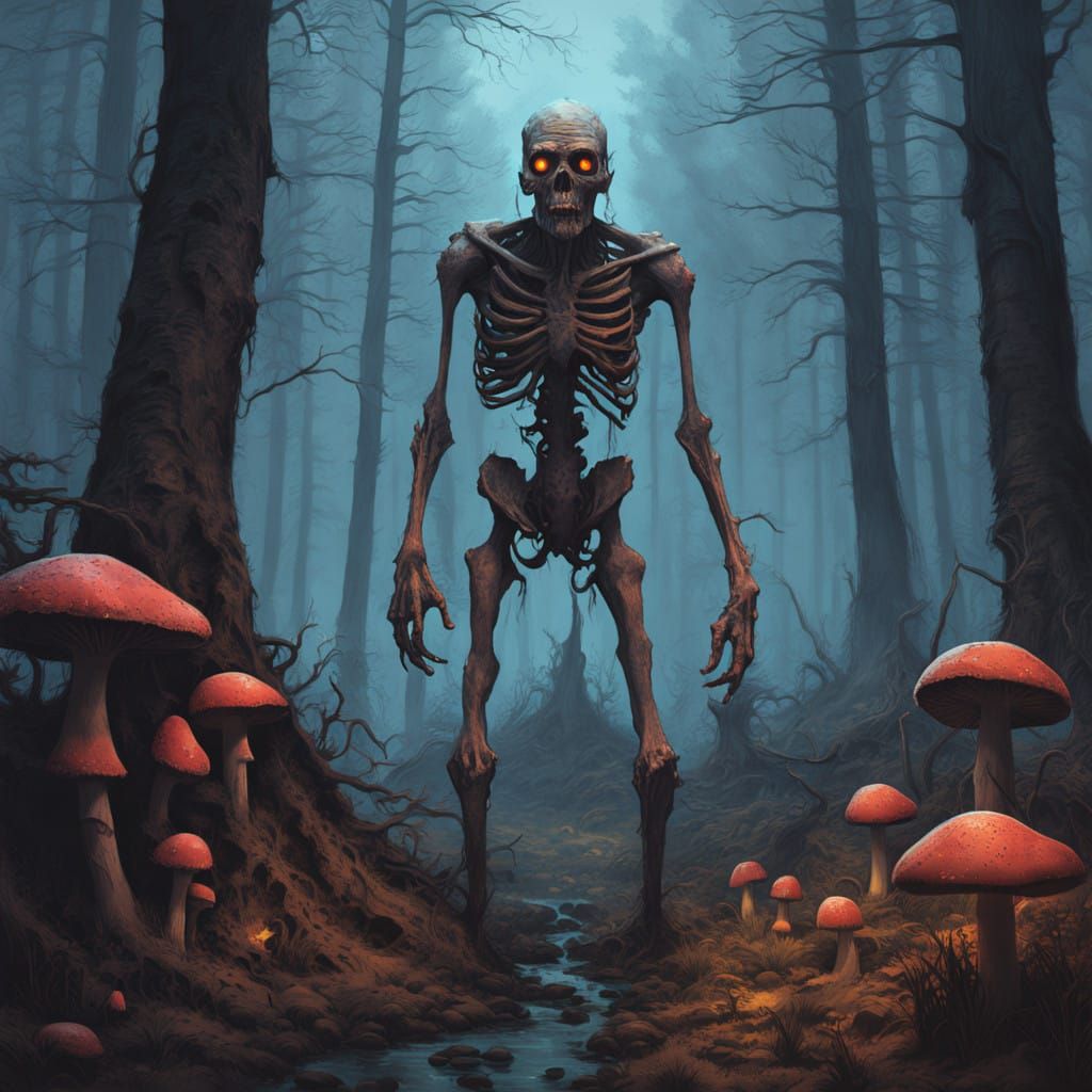 Mushrooms Thrive in Dark, Eerie Forest Landscape