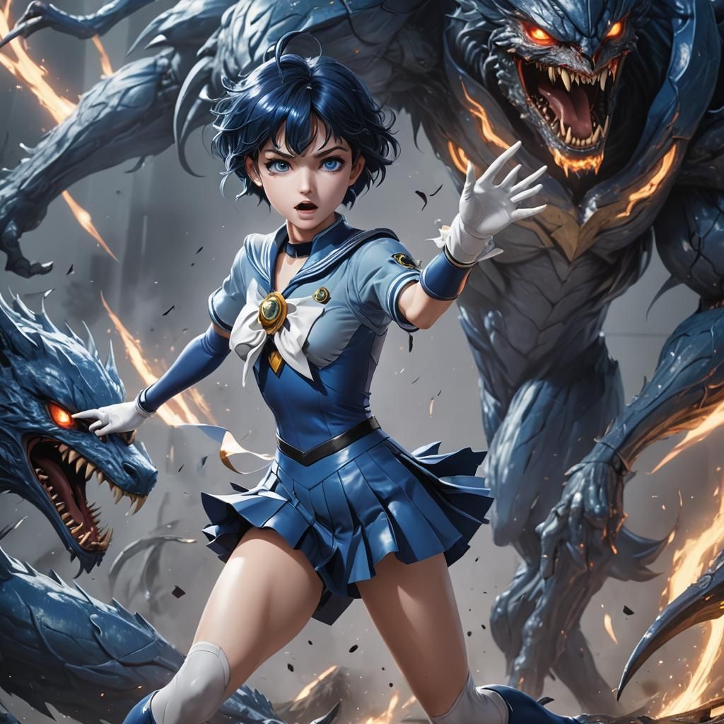 Sailor Mercury Battles Monster in 3D Anime Art