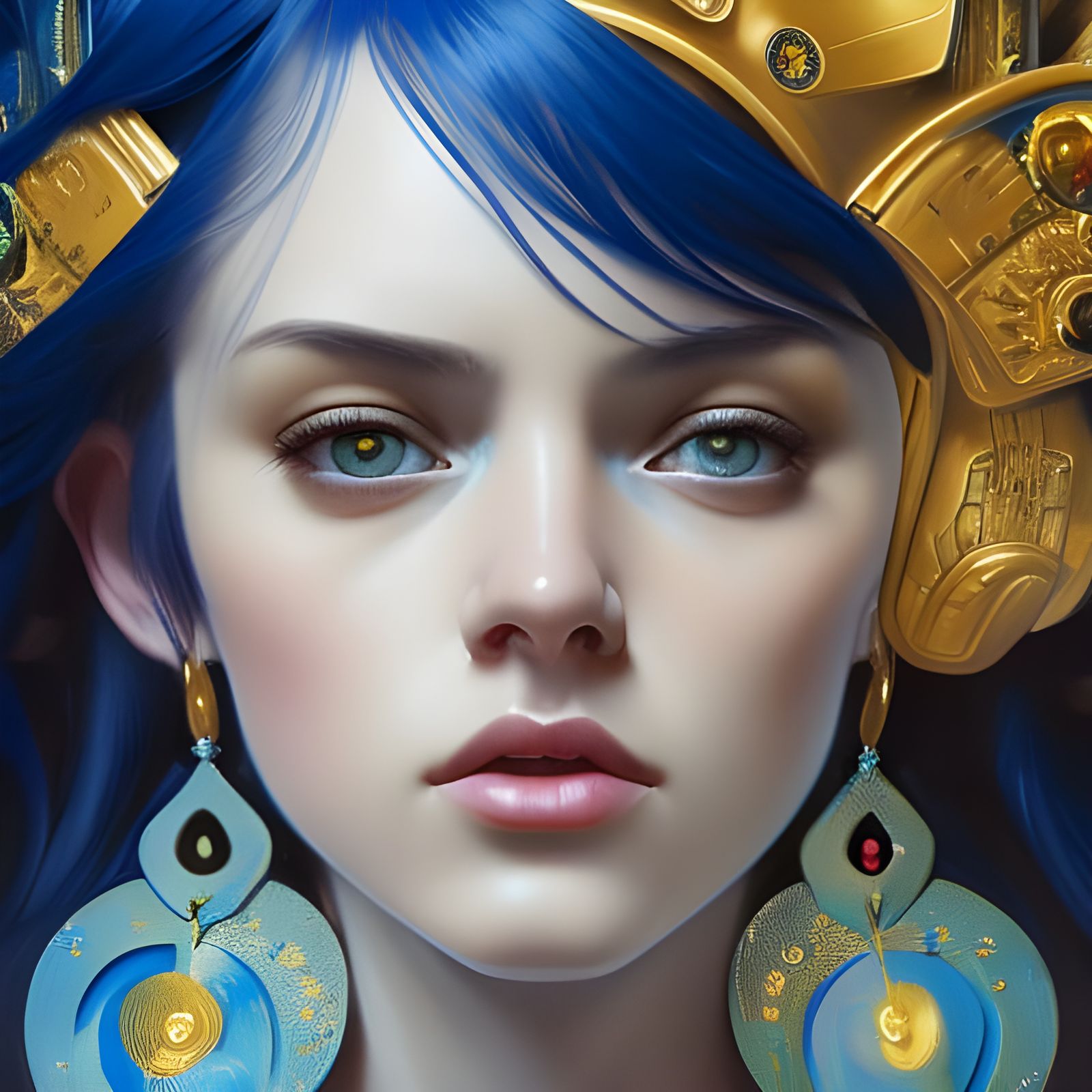 Blue-Haired Woman with Golden Tiara, Hyperdetailed Art
