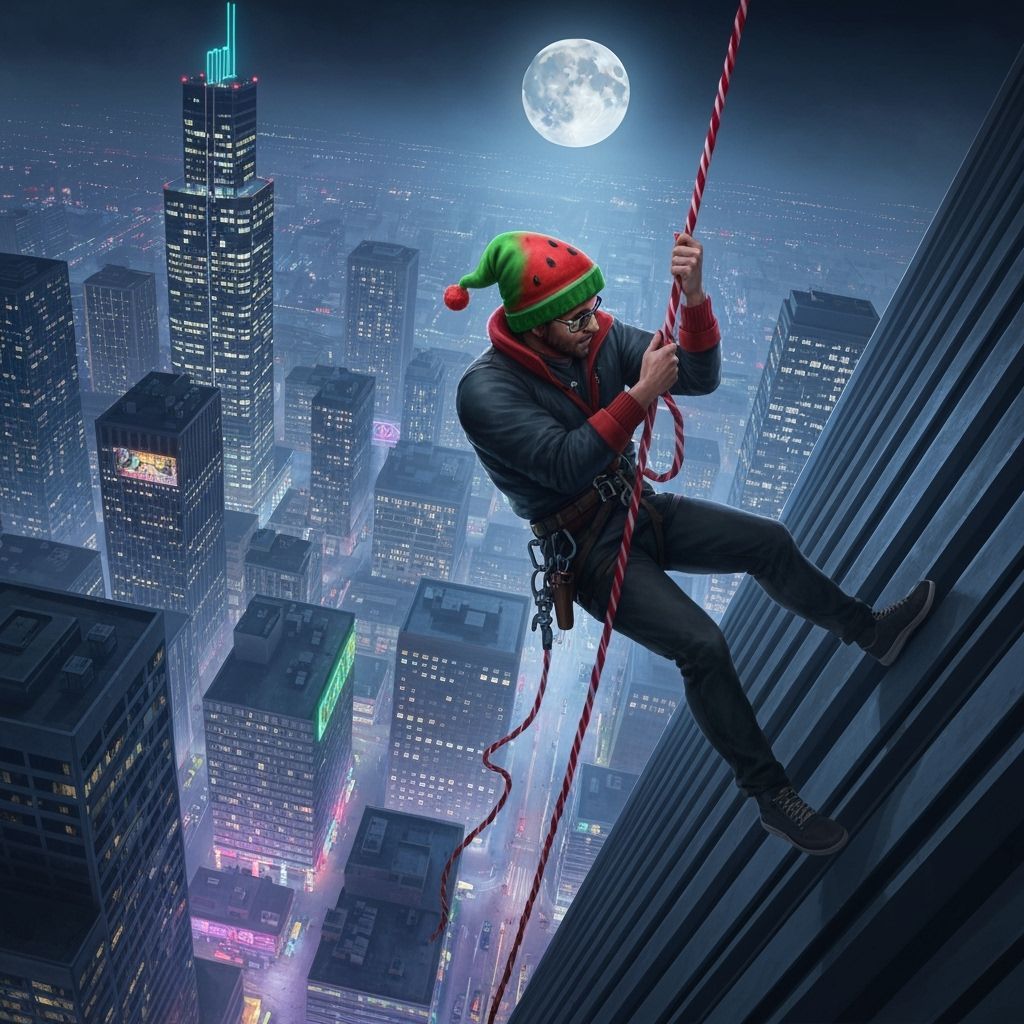 Thief rappels down skyscraper in hyperrealistic style