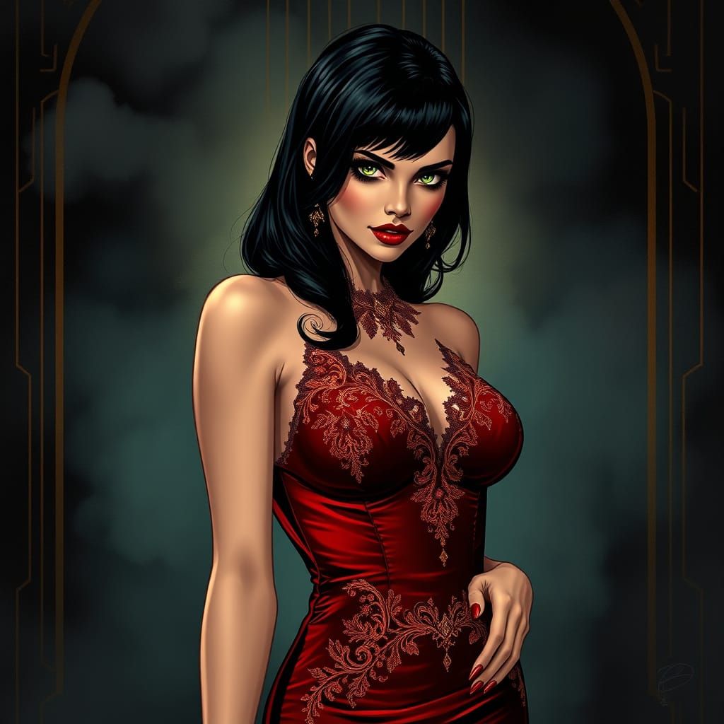 Sultry Film Noir Siren in Red Velvet Gown