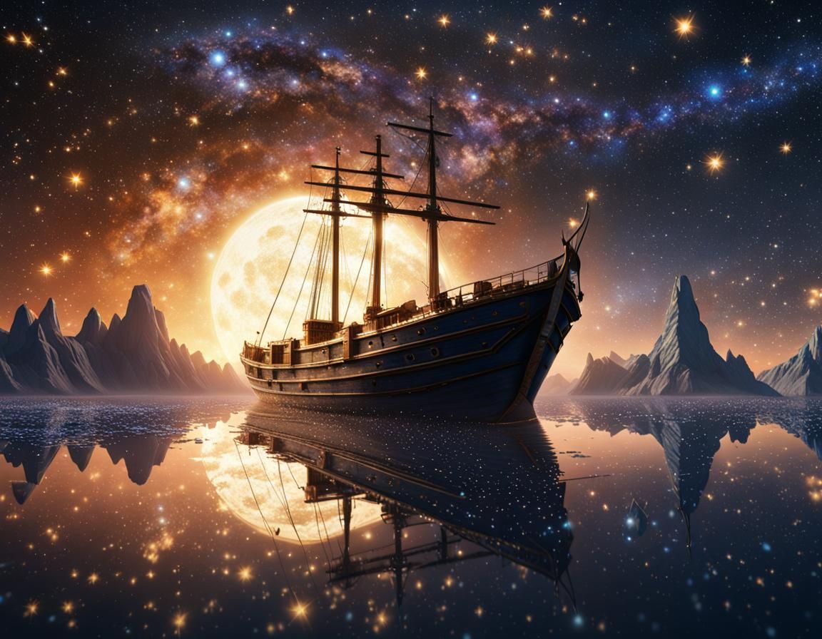 Boat Sails on Starry River Across Galaxy