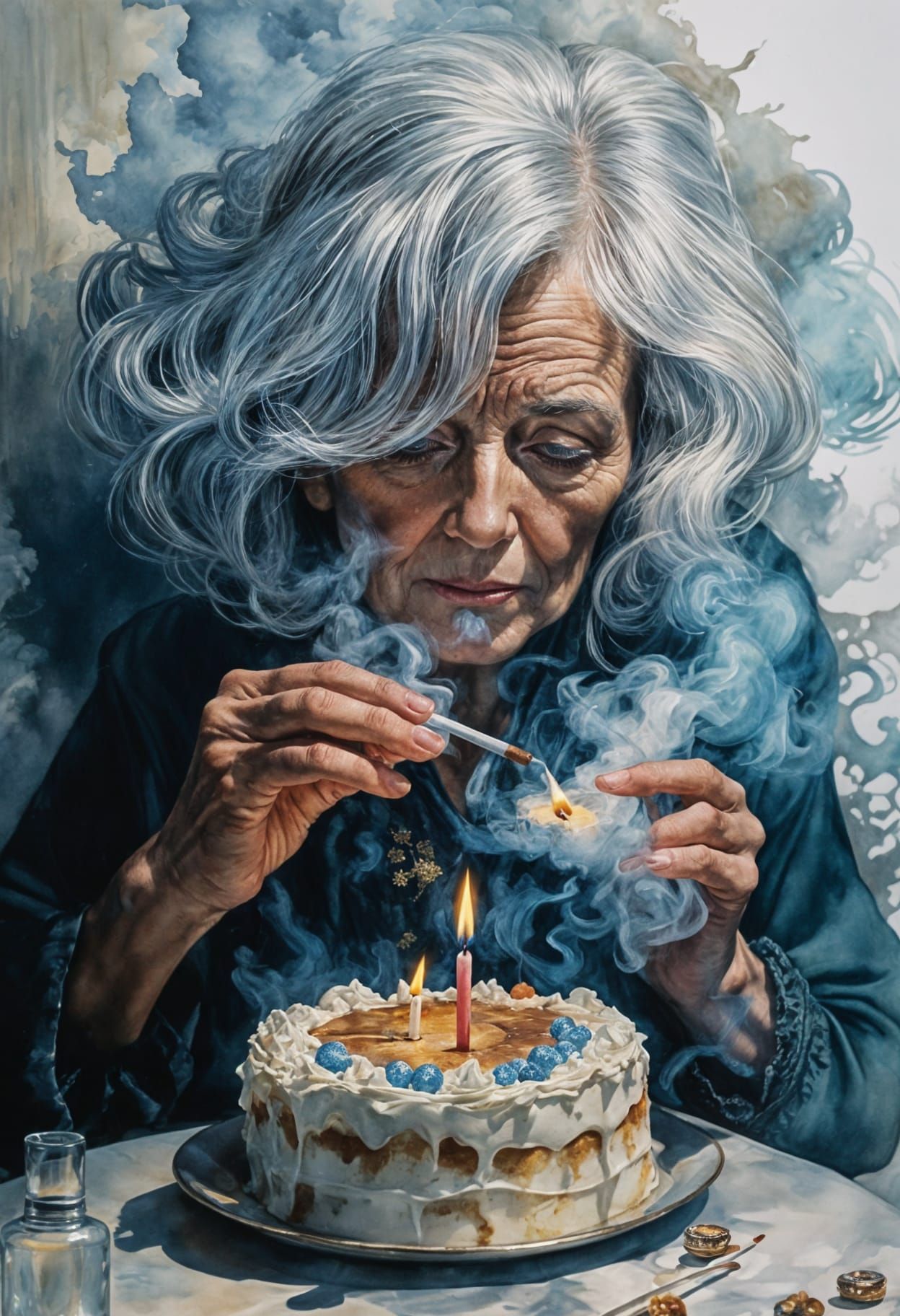 A silver haired elderly lady lighting her cigarette from the candle on a birthday cake on a small table in front of her....