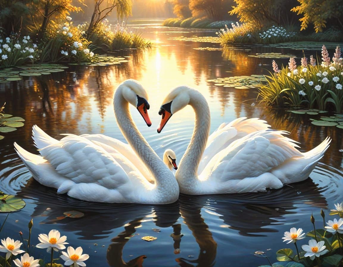 Elegant Swans Embrace in Oil Painting