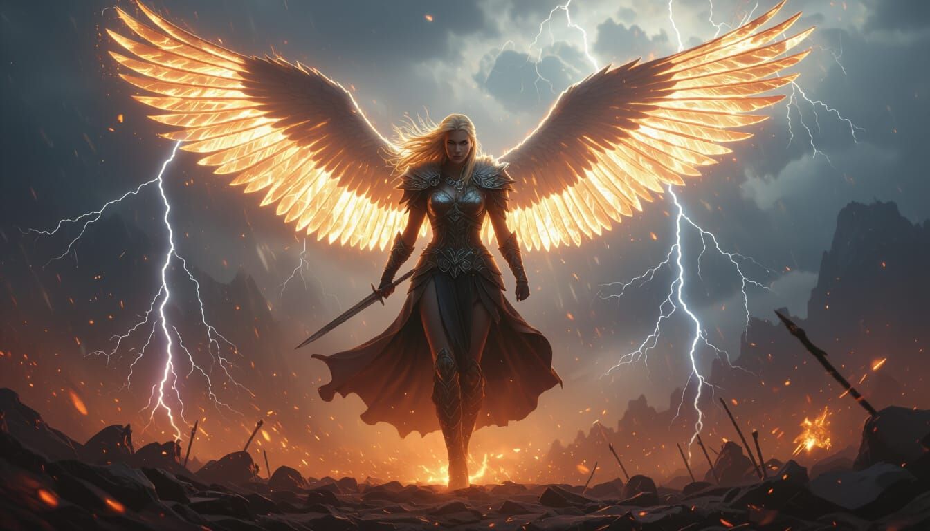 Valkyrie Warrior Soars Above Stormy Battlefield