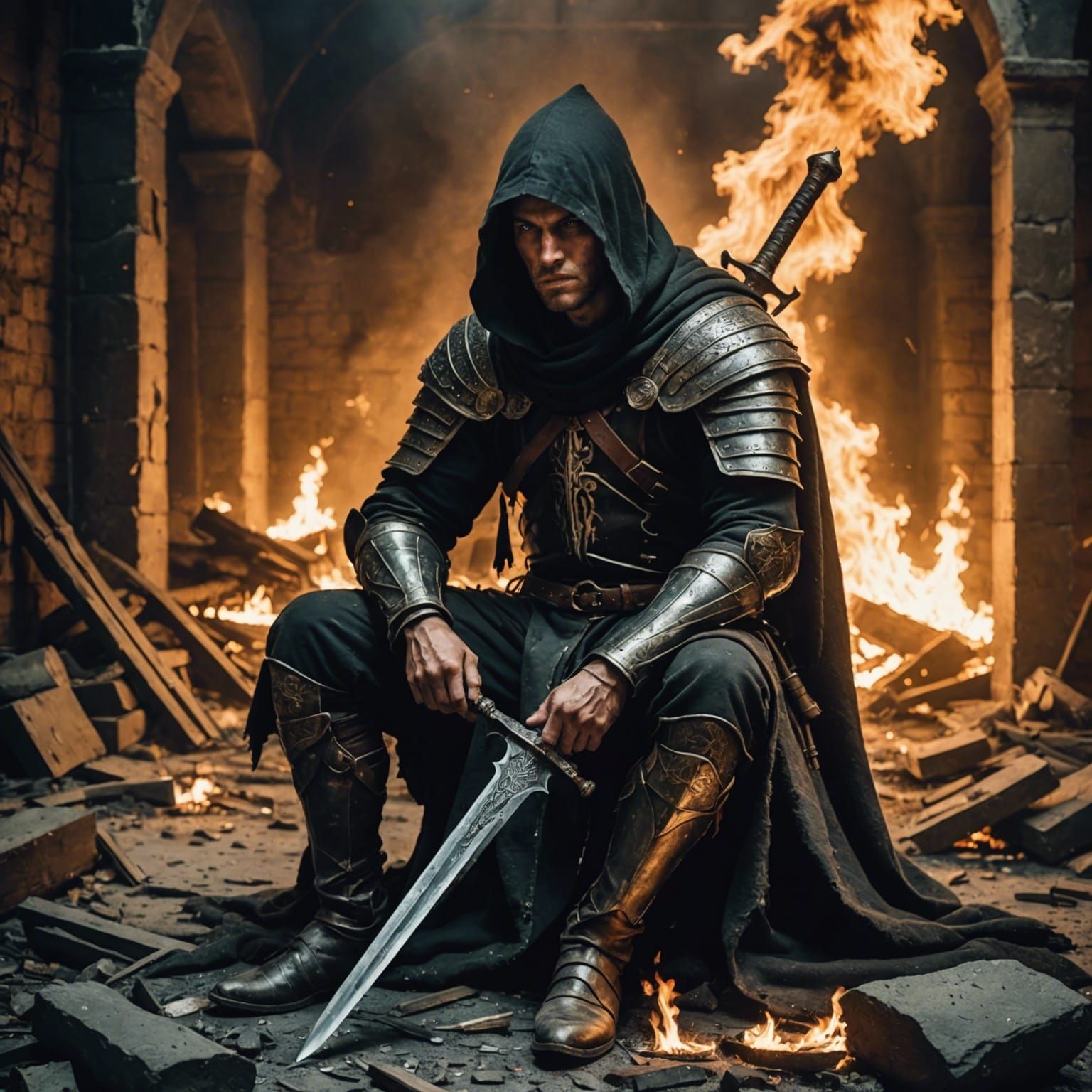 Warrior on Damaged Throne in Burning Room