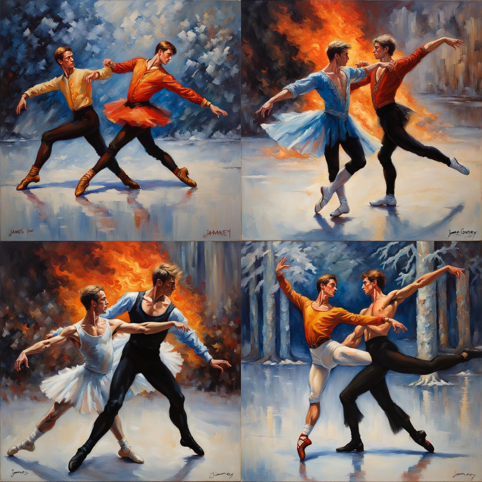 Fire and Ice Ballet Dancers in Oil Painting Style