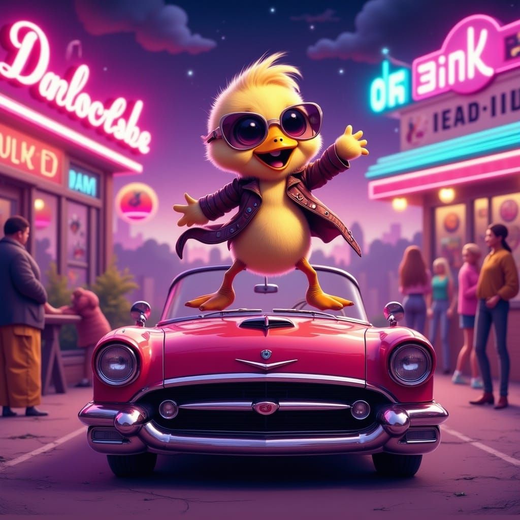 A cute chibi  happy duckling dancing on the hood of a muscle car parked at a drive in