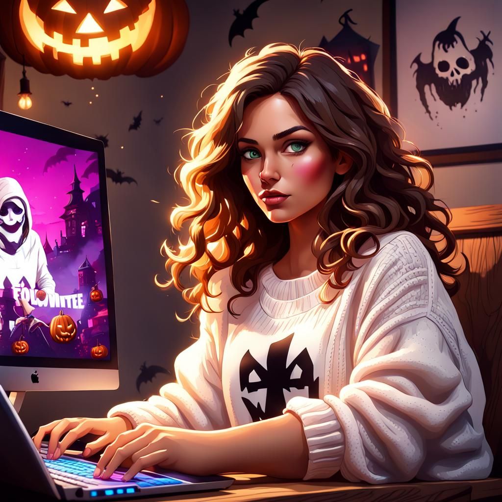 Girl Plays Fortnite With Halloween Decorations