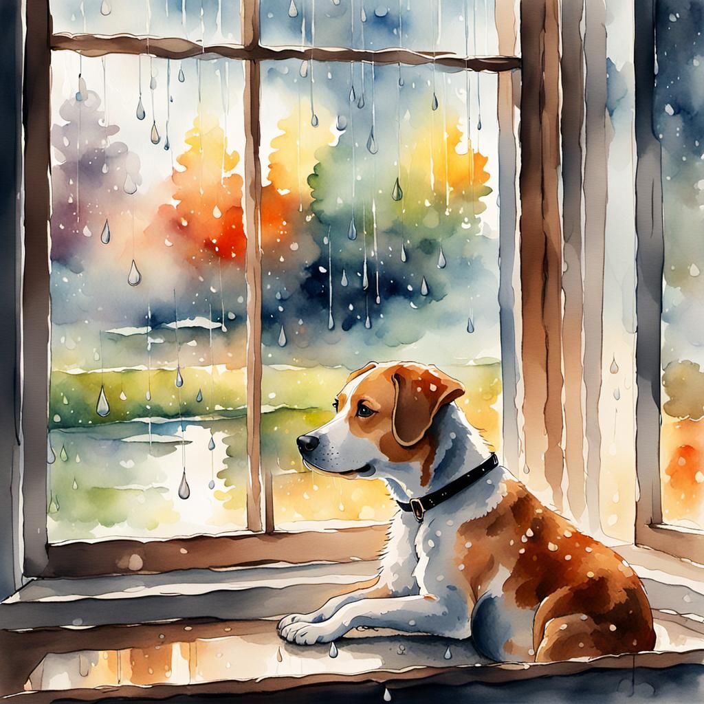 Dog Waits at Window in Watercolor Painting