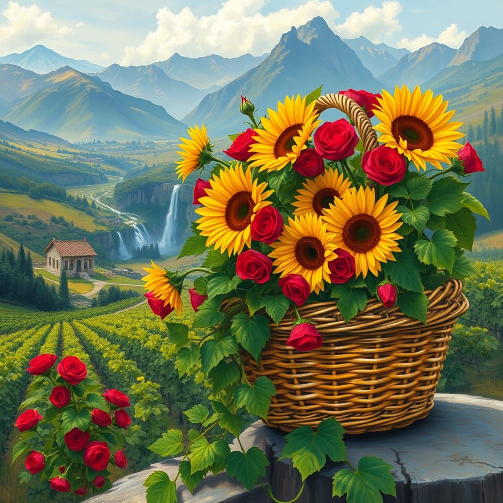 Sunflowers and Roses in a Wicker Basket, Set Against Majesti...