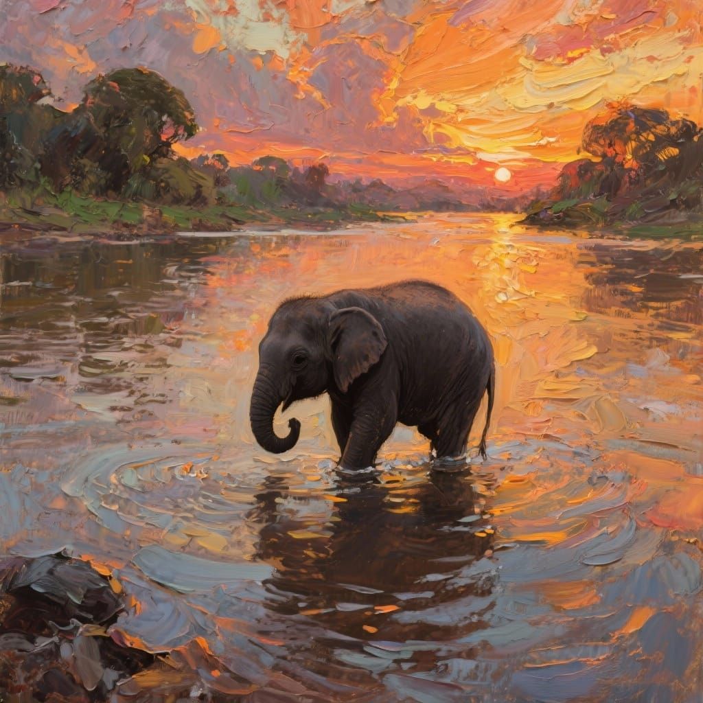 Baby Elephant Silhouetted Against Baroque Sunset