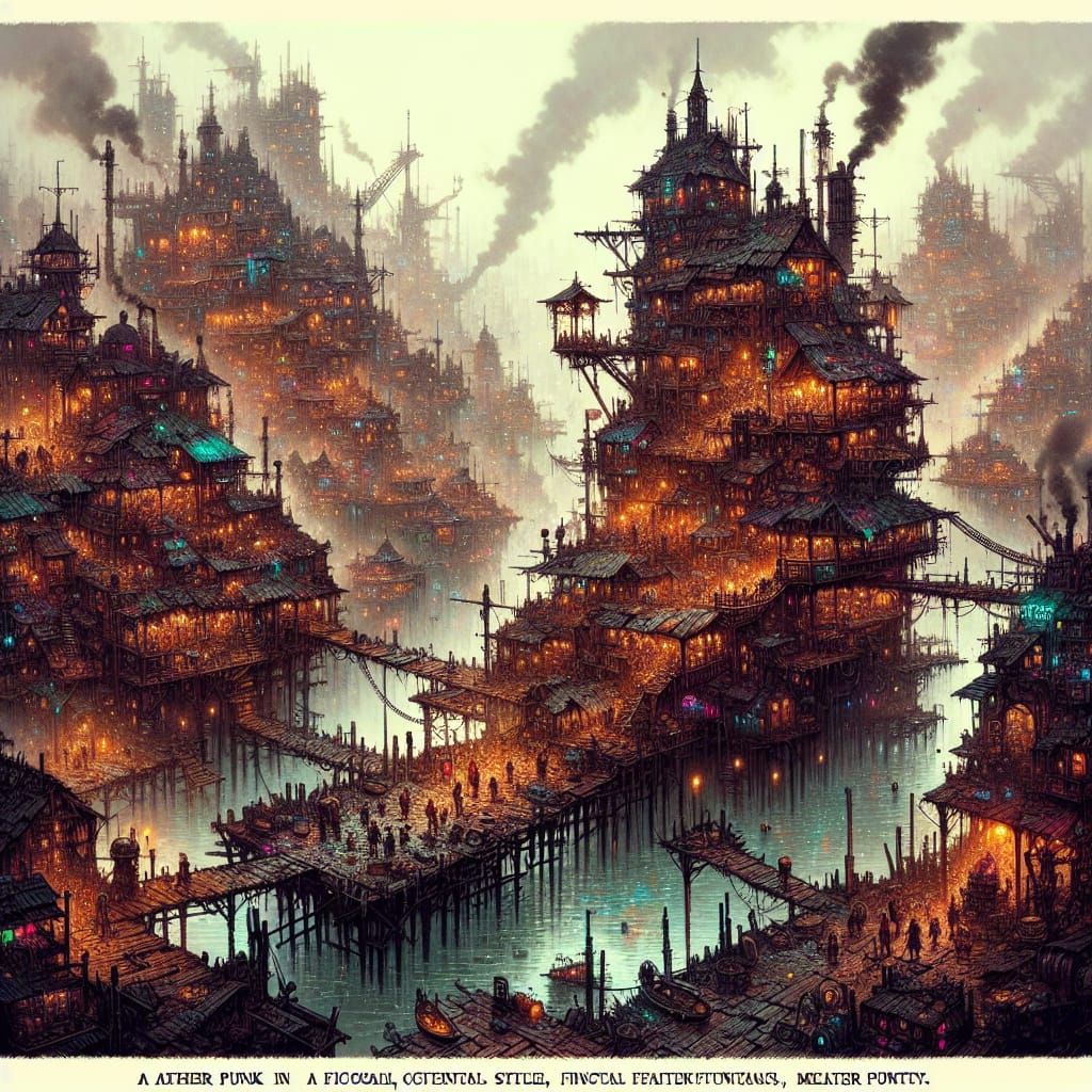 Colossal Aetherpunk Settlement on a Tar Lake