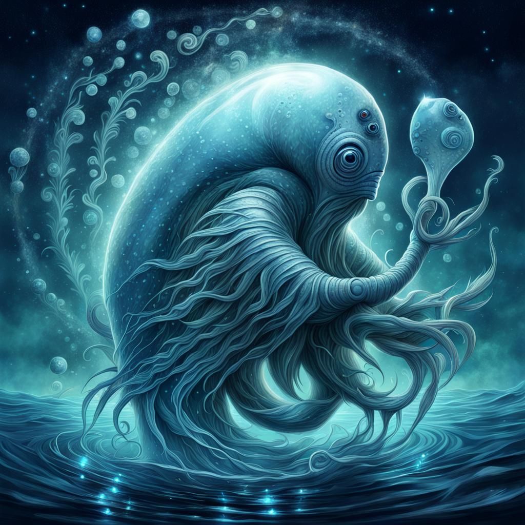 Aquarius Zodiac Sign surreal creature, Damon Hellandbrand, deviantart, fantasycore hyperdetailed flickering light