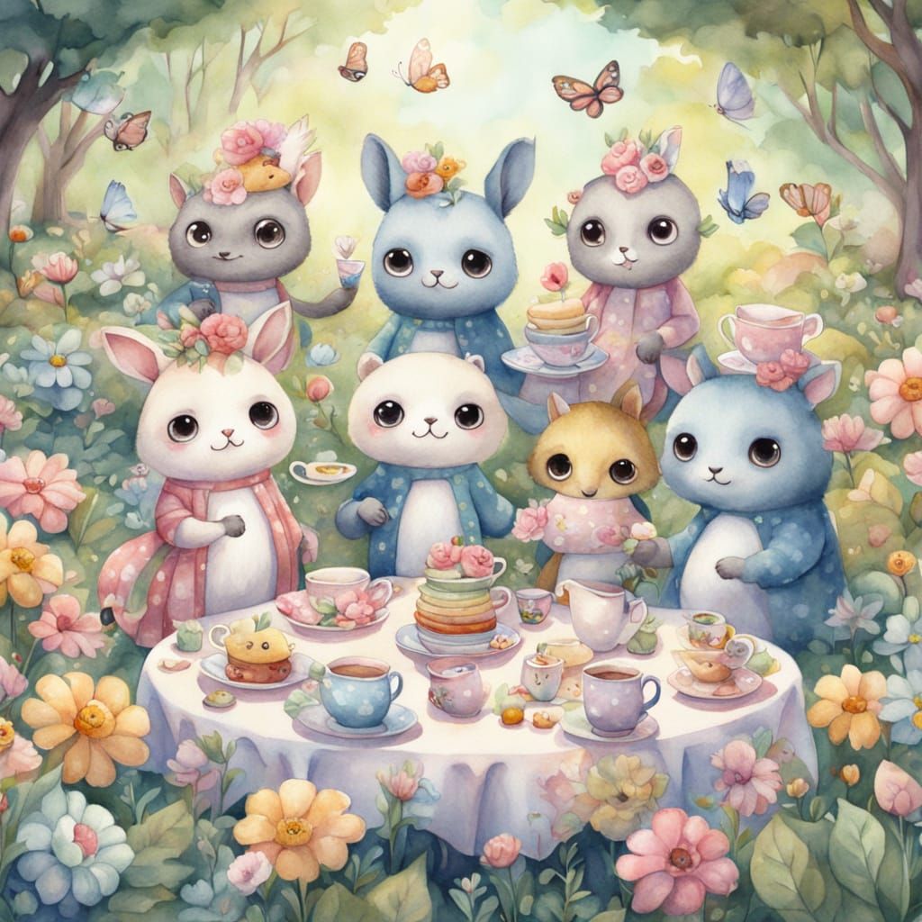 Cartoon Animals Tea Party in Kawaii Watercolour Style