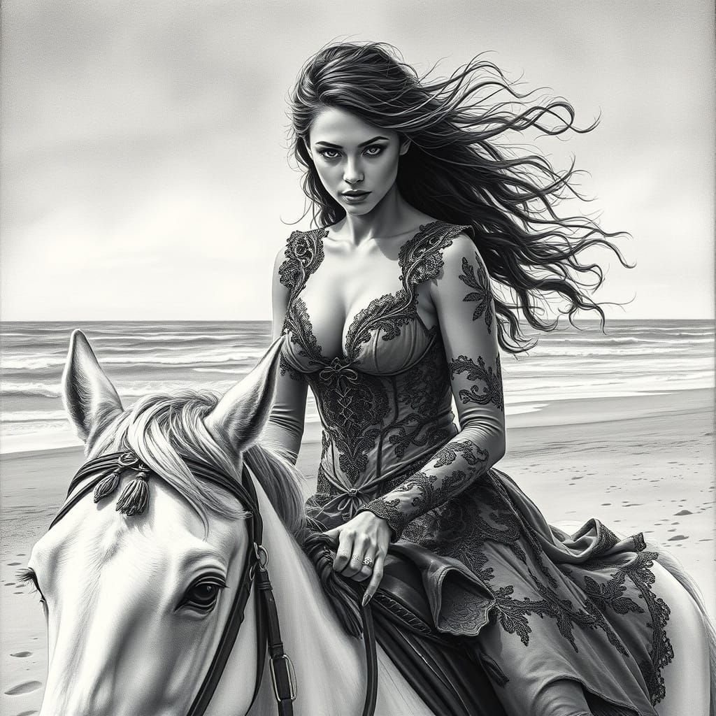 Expressive charcoal sketch of a fierce young woman on horseb...