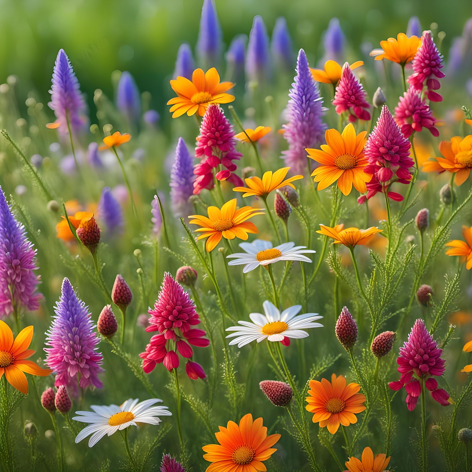 Blooming Summer Flowers Valley in Morning Sunlight