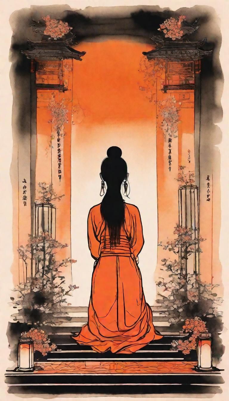 Girl Praying at Altar in Chinese Ink Style