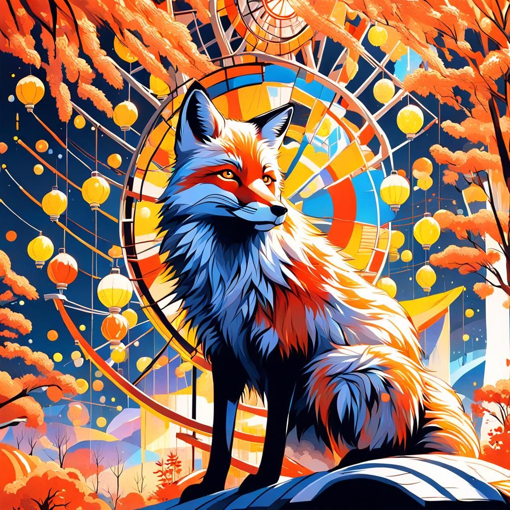 Fox Under Colorful Willow Tree with Ferris Wheel
