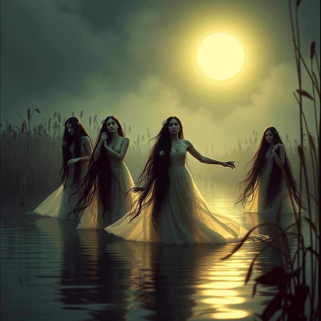 Ethereal Rusalki Dance on Moonlit Lake in Dreamlike Setting