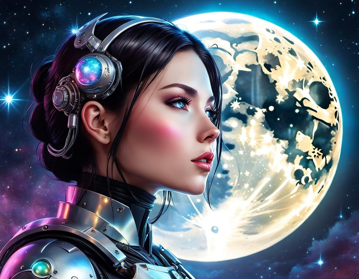 Cyborg Gazing at Iridescent Moon, Digital Watercolor