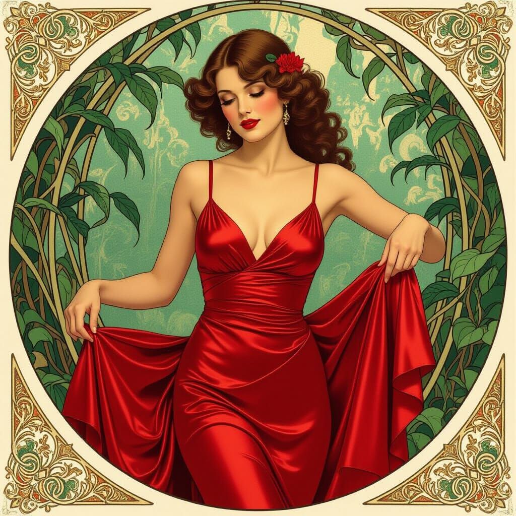 Woman in Crimson Silk Dress in Art Nouveau Style