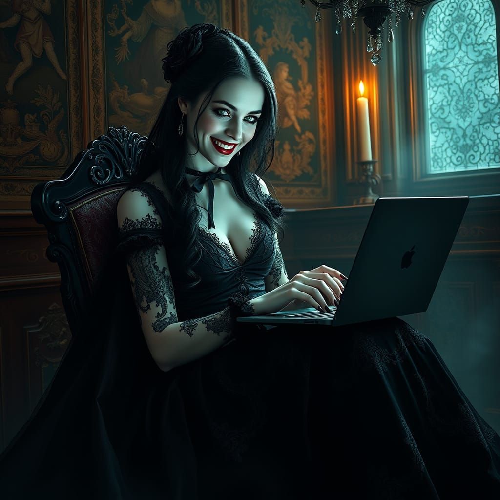 Mysterious Vampire Woman Typing in a Haunting, Gothic Lair