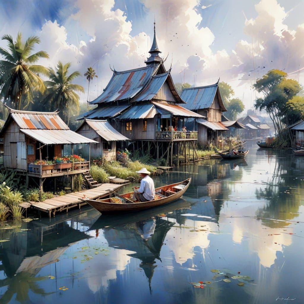 Floating Village on Tonle Sap Lake: Watercolor Painting
