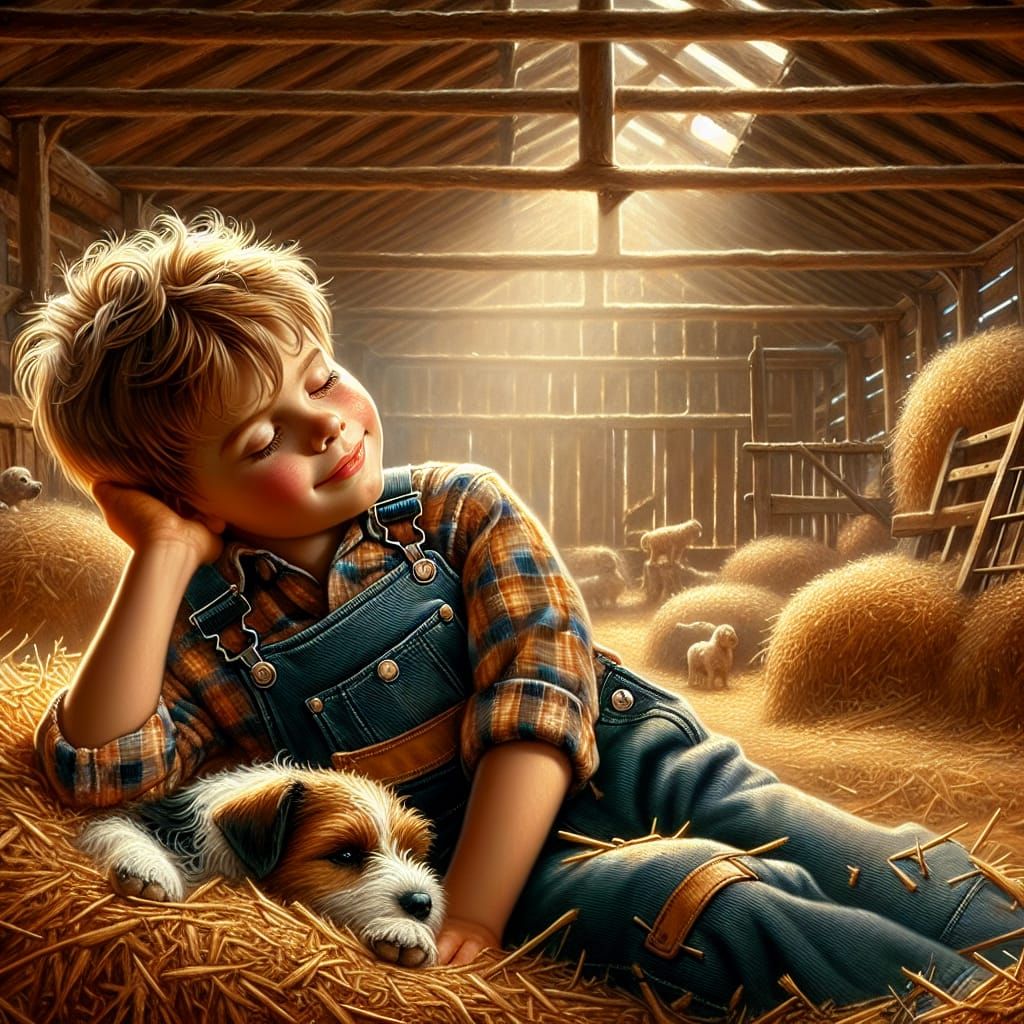 Boy and Dog in Hayloft, Detailed Oil Painting