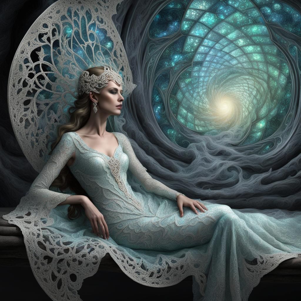 Elven Woman Reclining by Portal in Fractal Lace