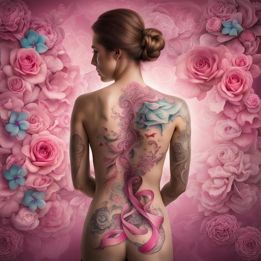 Tattooed Woman with Pink Ribbon in Matte Painting