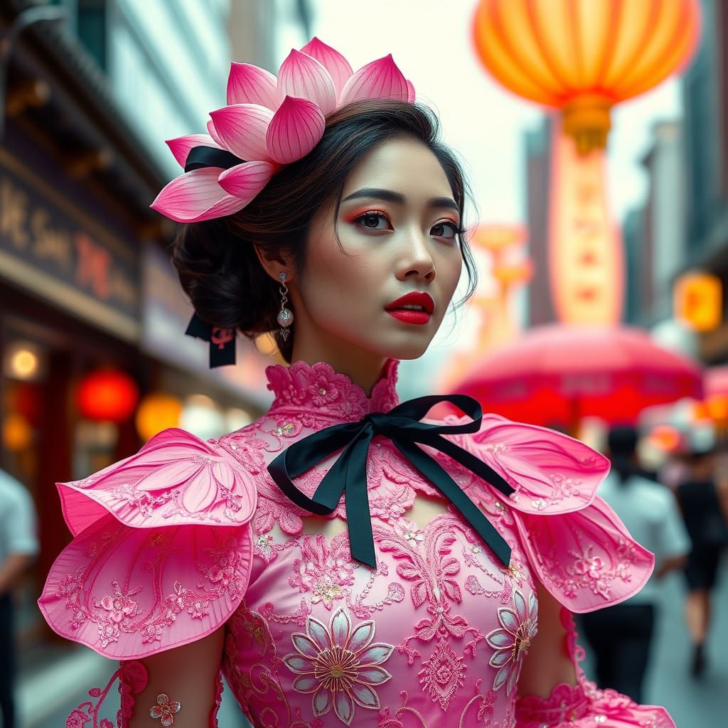 Ethereal Pink Lotus Flower Dress in Vibrant Tokyo Cityscape