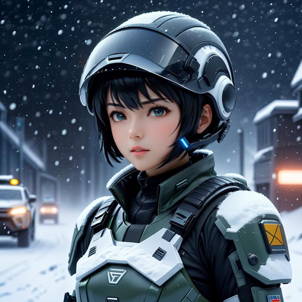 Anime Sci-Fi Soldier in a Snowy Stormscape