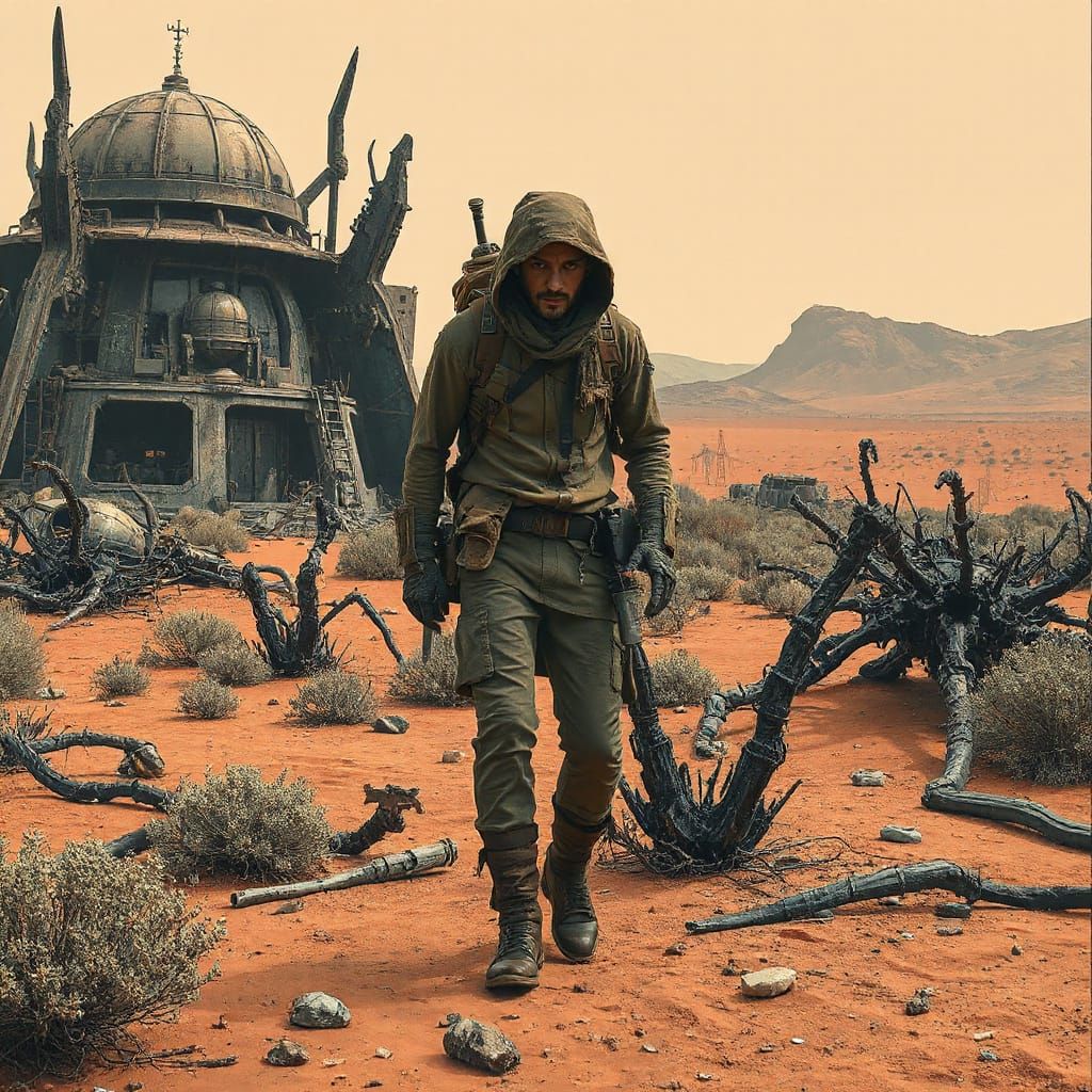Dystopian Sci-Fi Scavenger in Desert Landscape