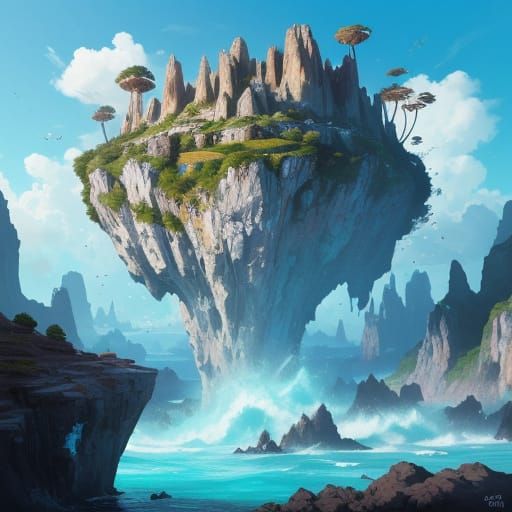 Floating Islands in Hyperrealistic Splash Art Style