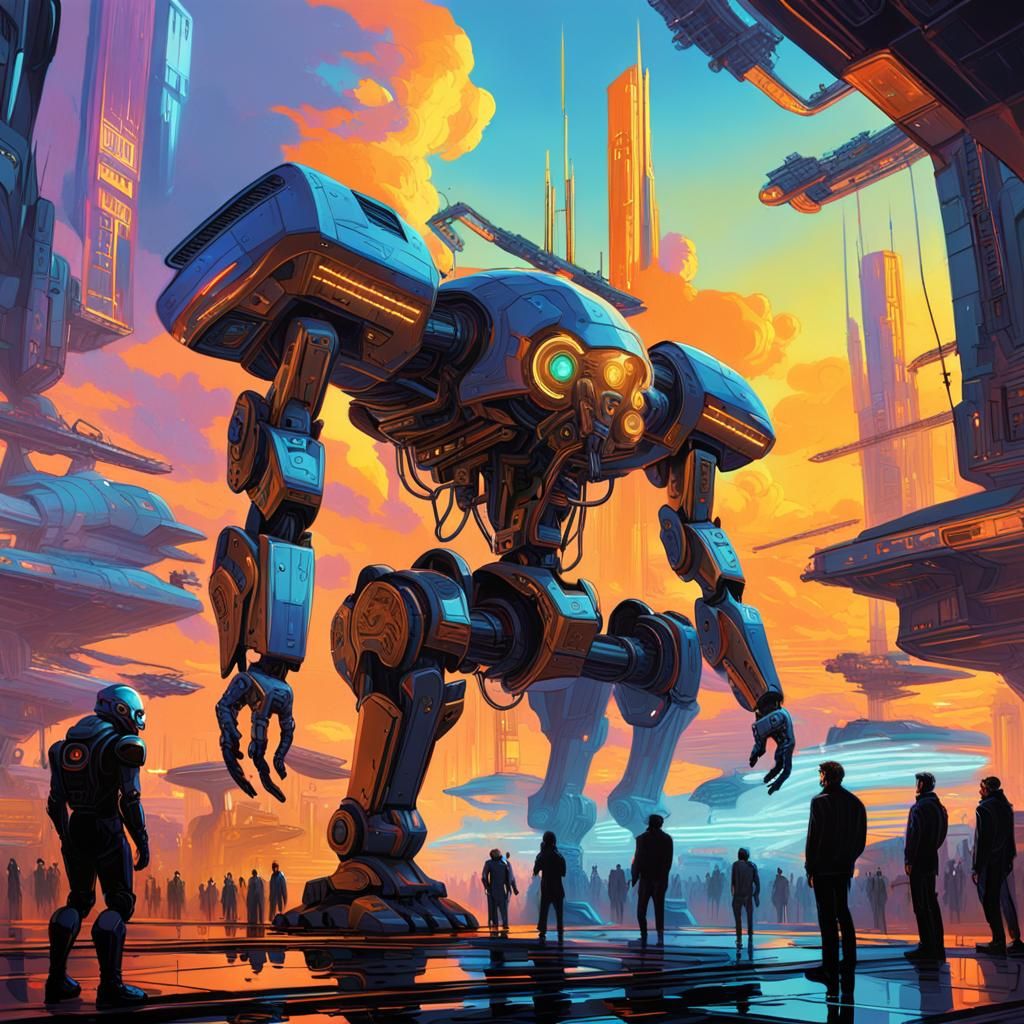 Cyberpunk Robots and Humans in Battle, Oil Painting