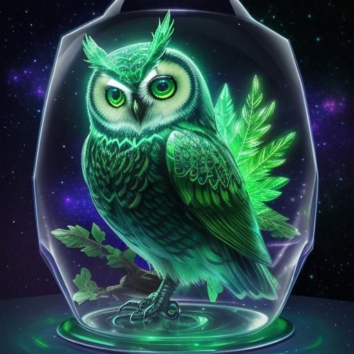 Magical Green Gem Owl with Aurora Backdrop