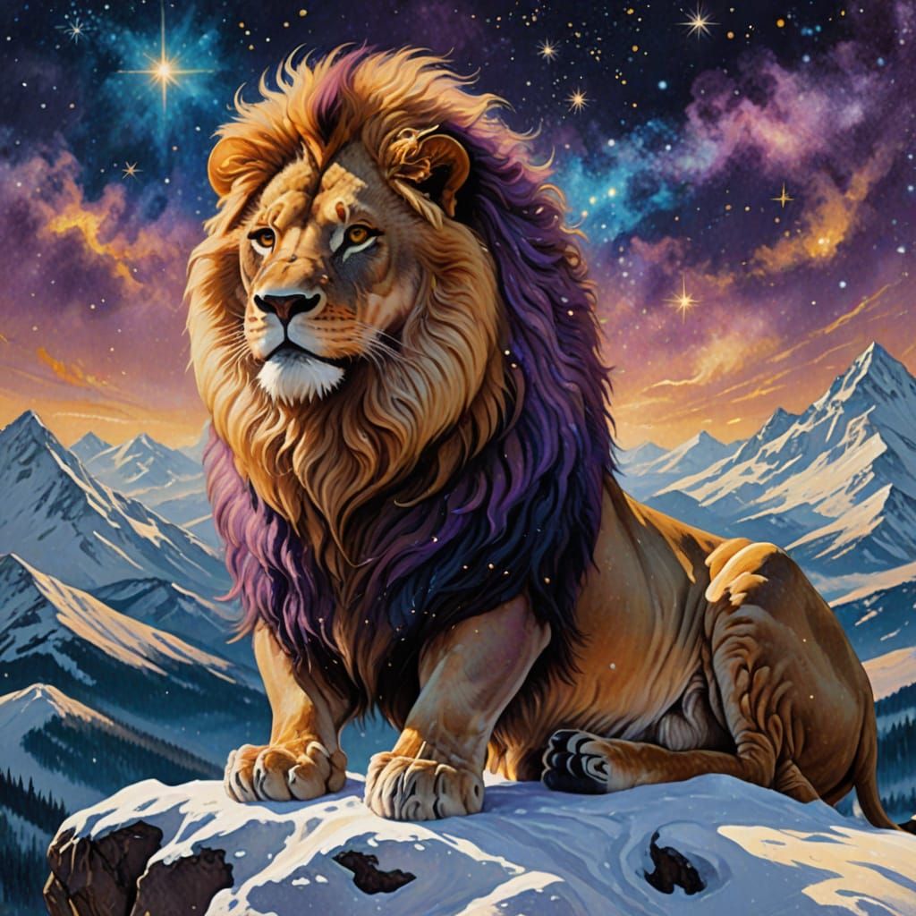 Majestic Lion Surrounded by Celestial Wonders in Oil Paintin...
