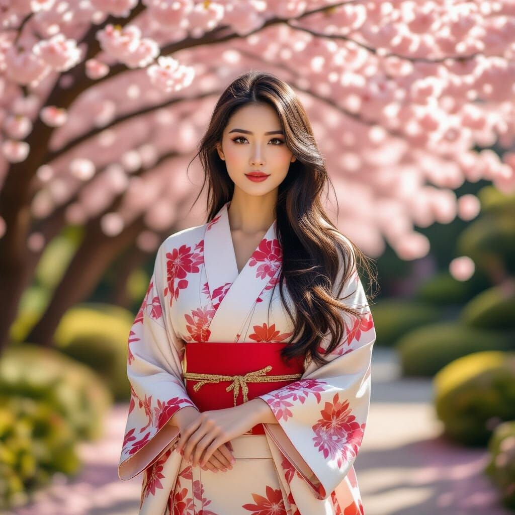 Chinese Woman in Cherry Blossom Garden, Cinematic Lighting