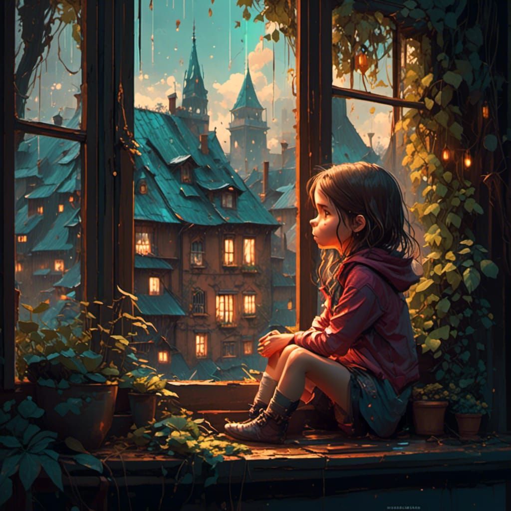 Sad Girl at Rainy Window: Digital Fairytale Art