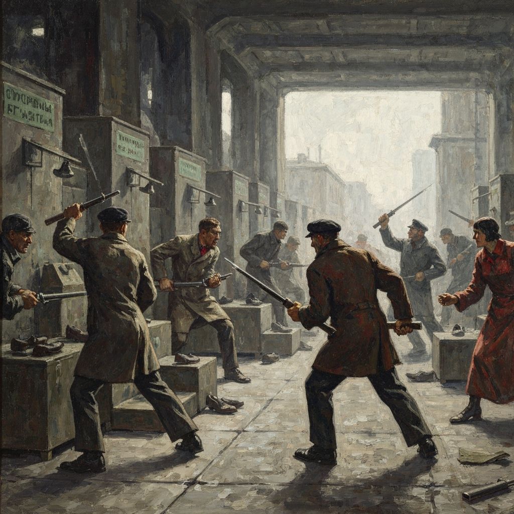 Soviet Realism Oil Painting: Moscow Unrest Over Shoe Station...