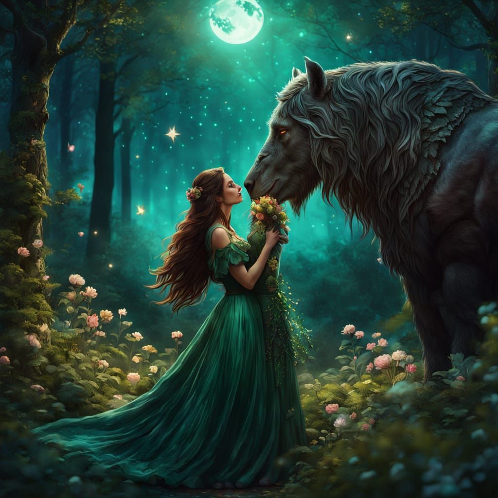 Majestic Beast Embraced by Woman Under Moonlit Forest Sky