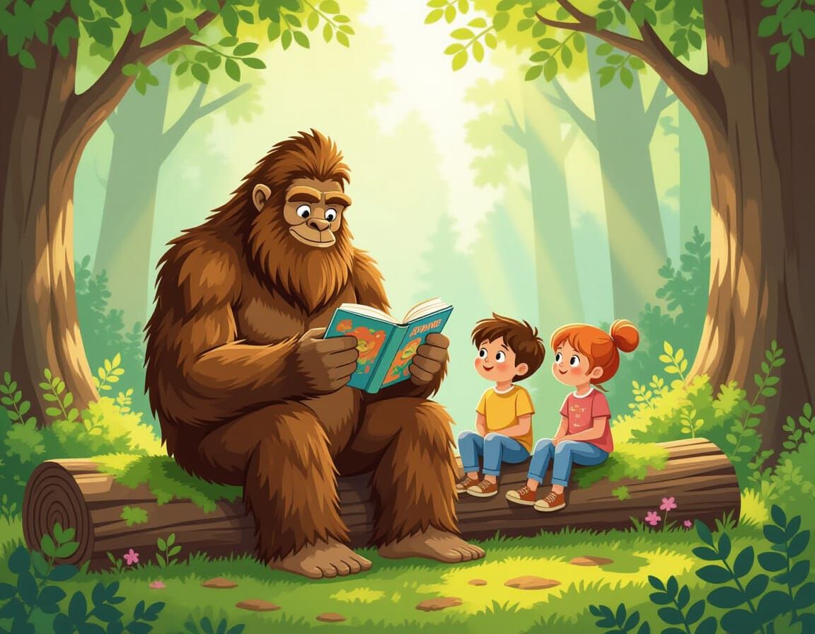 Bigfoot Reads to Children in Enchanting Forest Scene
