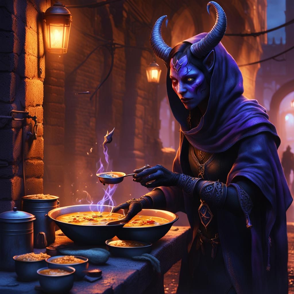 Tiefling Serves Soup in Dark Alleyway